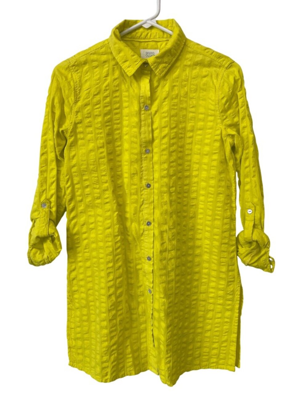 Sigrid Olsen Tunic Shirt Medium Seersucker Button Front Rolled Sleeves Yellow